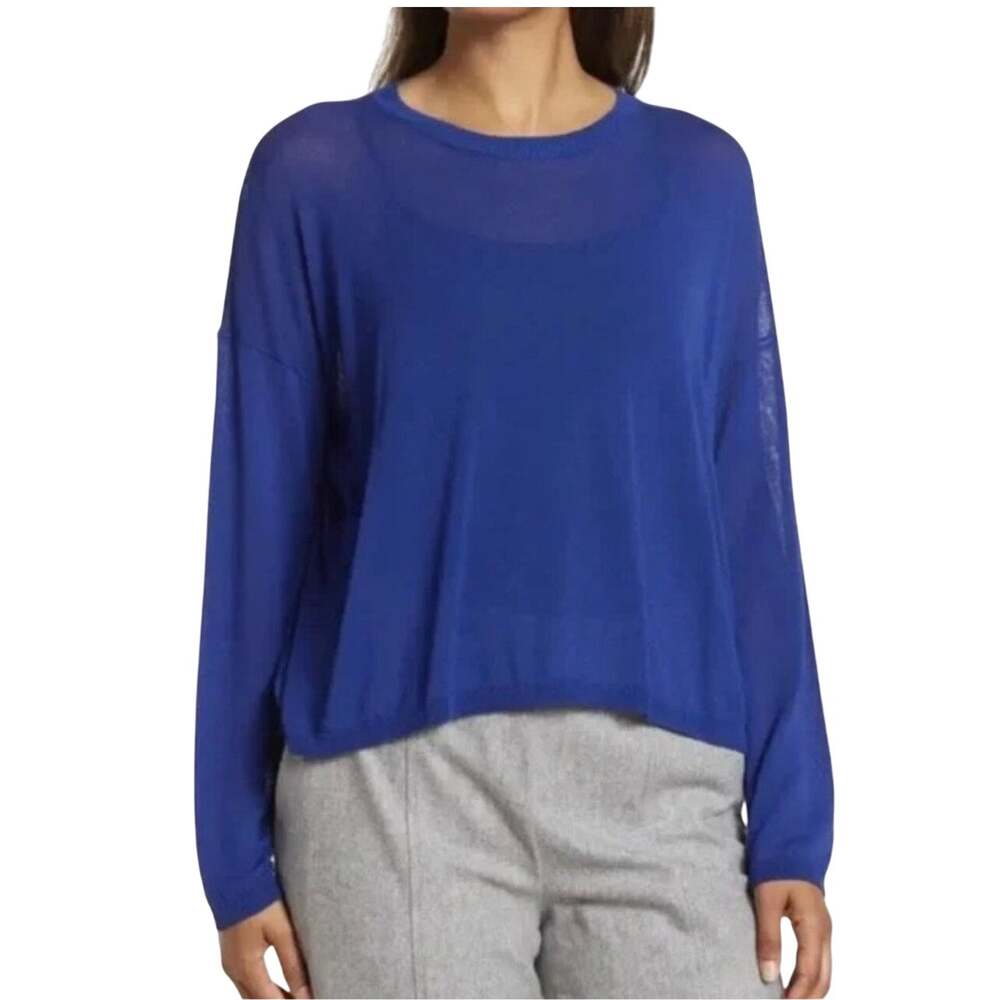 Eileen Fisher Tencel Boxy Crewneck Long Sleeve Top XS Royal Blue